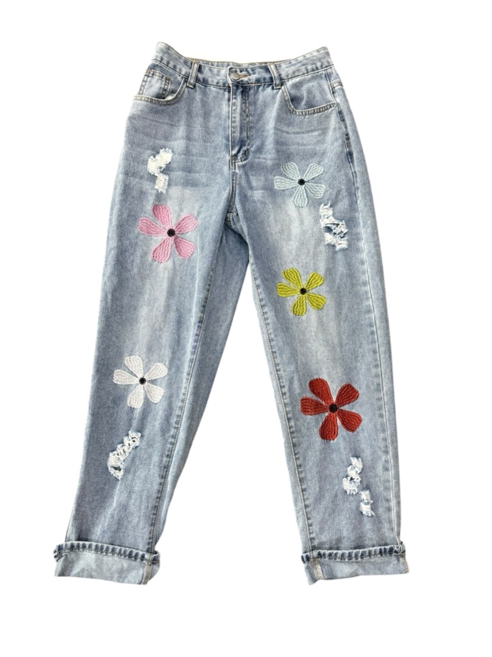 Emery Rose SHEIN Floral Embroidered Cuffed Straight Leg Jeans light wash 27